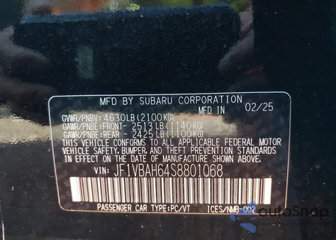 2025 Subaru Wrx Premium из США, поврежденный, VIN JF1VBAH64S8801068